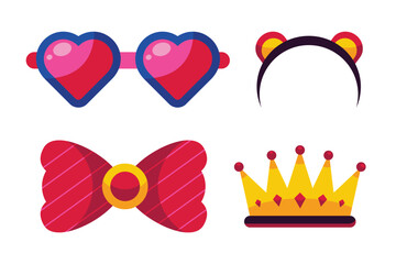 A collection of cute accessories, including heart-shaped sunglasses, a bow, a headband with ears, and a crown. These accessories are perfect for a fun party or celebration.