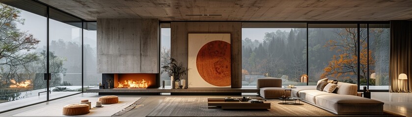 Modern living room with a minimalist sofa large abstract painting and floortoceiling windows neutral tones natural light digital art