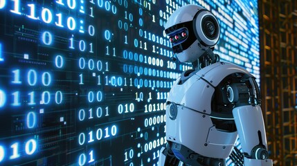 A futuristic robot stands before a wall of binary code gazing into the digital realm