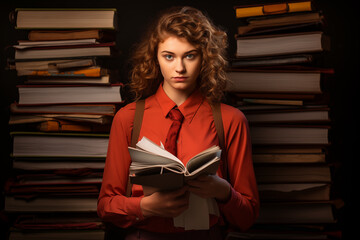 Holding textbooks for studying, a young student. AI generation.