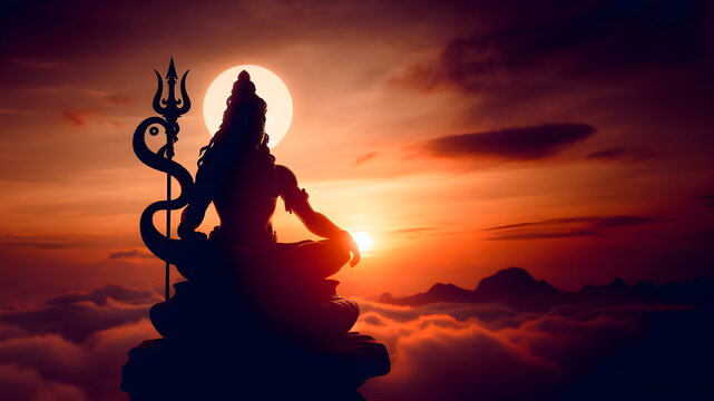 a silhouette of god brahma sitting during sunset