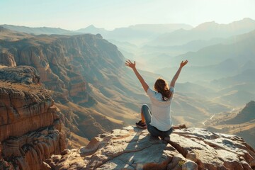 Concept of Nature Boosts Mental Health, a people sit on a rock on a cliff, looking at the mountain view , Generative AI