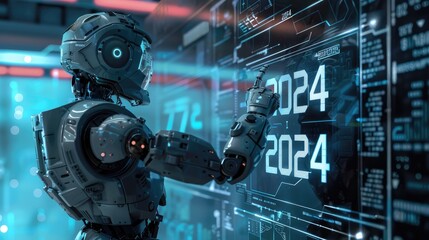 A metallic robot with a glowing blue eye interacts with a futuristic interface displaying the year 224