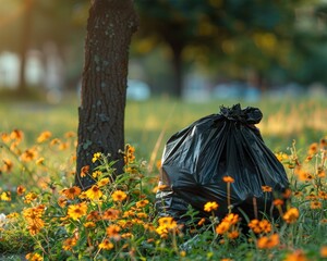 Nature vs. Pollution: Contrasting Elements of Beauty and Destruction in a Detailed Scene with Garbage Bag Among Flowers near Tree.