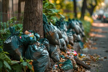 Sustainable Community: Emphasizing Waste Management Through a Detailed Shot of Collected Garbage Bags Around a Tree | Canon 5D III