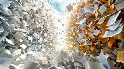 Depict a visually striking image that conveys the transition from traditional paper-based document management to a streamlined, paperless system, emphasizing efficiency and sustainability