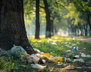 Environmental Concerns - Close-up of Tree in Park Surrounded by Scattered Garbage Bags, Urging Improved Waste Management | Shot with Canon 5D III