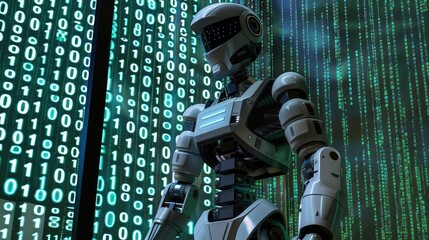 A humanoid robot stands before a screen of binary code its metallic exterior reflecting the glowing green digits