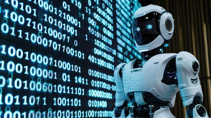 A futuristic robot stands in front of a screen displaying binary code highlighting the convergence of technology and artificial intelligence