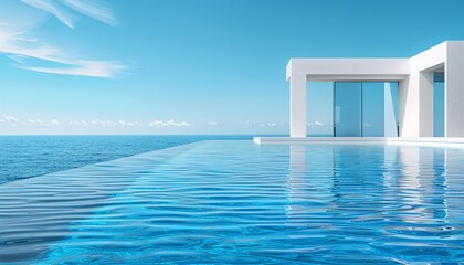 Pool with white building and blue sky.