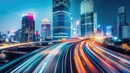 Fototapeta premium A long exposure shot of a highway in the heart of a bustling metropolis. The blurred streaks of light from passing cars create a dynamic and vibrant image