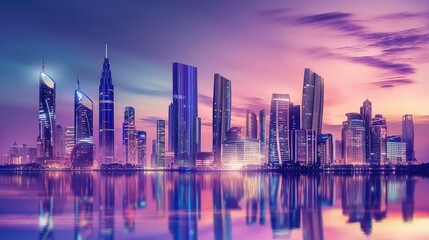 A panoramic view of Dubai's skyline, illuminated at dusk as the sun sets behind the city. The water reflects the vibrant colors of the sky and the skyscrapers