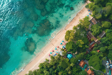 Fototapeta premium A top view of beautiful beach full of people with shops and buildings