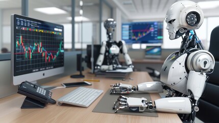 A humanoid robot sits at a desk in an office intently analyzing stock market data displayed on a computer screen