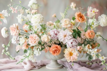 Peach fruits and peach flowers artistically arranged on a table, Elegant floral arrangements in soft pastel colors