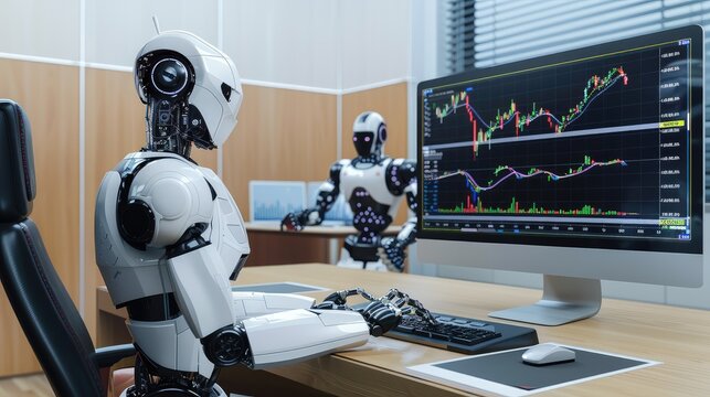 A robotic hand types on a keyboard while analyzing a stock chart on a computer screen in a modern office - Powered by Adobe