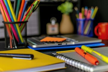 Obraz premium A vibrant workspace with a variety of colorful pencils, pens, and notepads sits beside a closed laptop, ready for a productive day of creative work