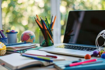 An open notebook with colorful pencils and pens sits next to a laptop computer on a wooden desk. A window with a blurry green background provides natural light