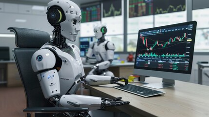 A humanoid robot sits in an office chair its mechanical hand poised over a keyboard analyzing financial data on a computer screen