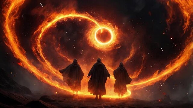 Shadrach, Meshach, and Abednego in the fiery furnace, depicted within a swirling nebula, highlighting their faith amidst trials
