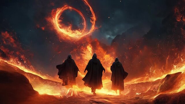 Shadrach, Meshach, and Abednego in the fiery furnace, depicted within a swirling nebula, highlighting their faith amidst trials