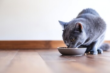 A gray cat intently eats from a ceramic bowl on a wooden floor