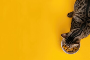 Obraz premium A tabby cat with brown and grey stripes is shown eating from a white bowl on a vibrant yellow background