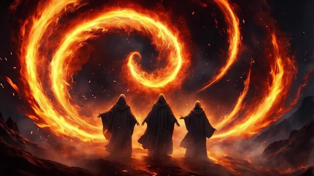Shadrach, Meshach, and Abednego in the fiery furnace, depicted within a swirling nebula, highlighting their faith amidst trials