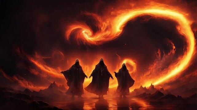 Shadrach, Meshach, and Abednego in the fiery furnace, depicted within a swirling nebula, highlighting their faith amidst trials