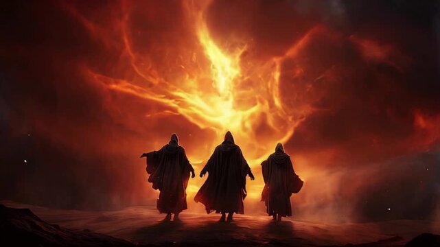 Shadrach, Meshach, and Abednego in the fiery furnace, depicted within a swirling nebula, highlighting their faith amidst trials