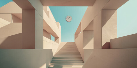 A floating clock in the center of an endless staircase, with a light blue sky