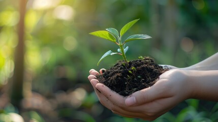 A delicate green sprout emerges from the soil cradled gently in cupped hands bathed in warm sunlight