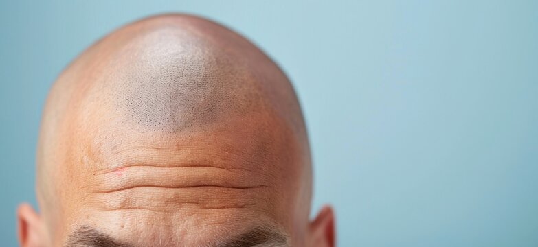 Freshly grafted hair on a balding mans head, close-up showing precise hairline restoration. High-Resolution, Photography, Sharp Focus, Natural Tones