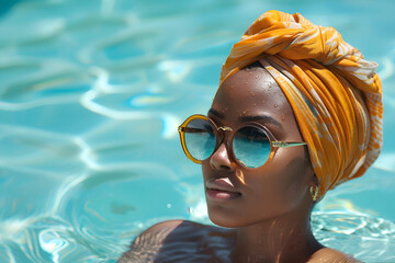 Naklejka premium Woman in sunglasses and yellow headscarf relaxing in a pool with clear blue water
