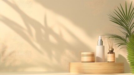 Natural Skincare Cream and Serum on Beige and White Background. Herbal and Botanical Beauty Products with Wood Elements for Organic Skin Care Routine and Packaging Design