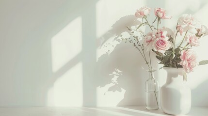 Fototapeta premium Modern romantic home interior with pink flowers in bottles on white table with space for text