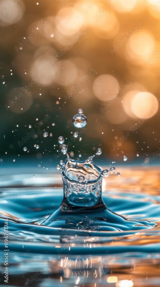 Poster water drop splash with bokeh light, creative macro photography concept