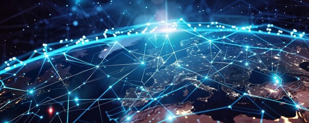 Obraz premium Digital globe with interconnected data points, world wide technology, global connectivity