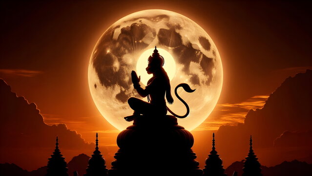 a silhouette of lord hanuman sitting in front of the moon
