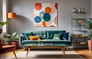 A mid-century modern modern living room green sofa wooden coffee
