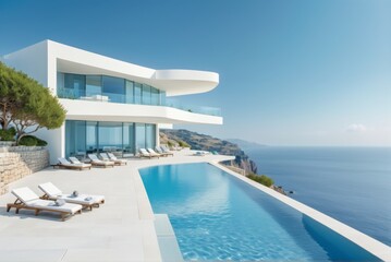 The image shows modern white luxury villa large swimming pool ri