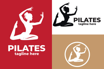 Sitting Pose Pilates Woman Silhouette, Girl with Beauty Body Hair and Face at exercise gym logo design
