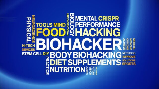 Biohacker animated word cloud;text design animation tag kinetic typography seamless loop.