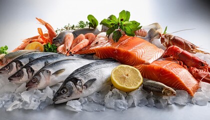 A variety of fresh seafood, including fish, salmon, and shrimp, displayed on ice with lemon and herbs for garnish.