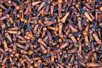 Abstract shape, pattern and texture of brown cloves. The shape of the surface of a clove being dried in the sun. Cloves for herbal medicine. For graphic design and 3D rendering