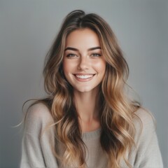 Fototapeta premium The image is portrait young woman long wavy hair She smiling