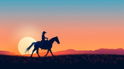 Silhouette of a cowboy riding a horse at sunset in a picturesque landscape, evoking a sense of adventure and the Wild West.