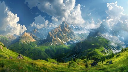 Majestic Mountain Range with Lush Green Slopes