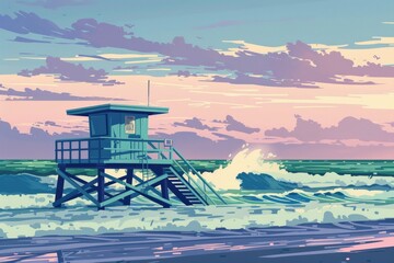 A lifeguard station standing sentinel against the backdrop of rolling waves, cozy vibe, Generative AI 