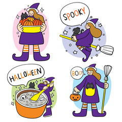 Cute cartoon Halloween with little witch and black cat friend, fun vector.